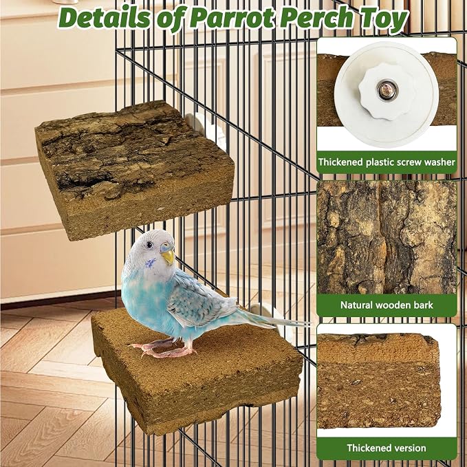 kathson 4Pcs Natural Cork Bird Perch Stand Platform Small Birds Thicken Wooden Square Stand Perch Parakeet Chewing Toy Cage Accessories for Lovebirds Cockatiels Conures(Single Screw, 1.2 in Thick)