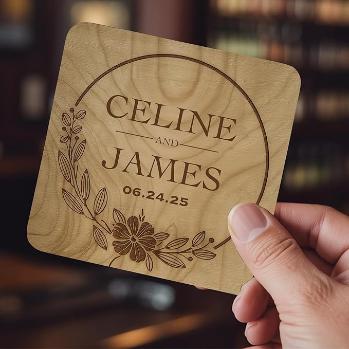 100 Pack Personalized Wedding Coasters, Custom Cardboard Coasters for Drinks with Photo Print and Text, Keepsake Wedding Favors and Gifts for Couples, 4x4 Square, Design 2