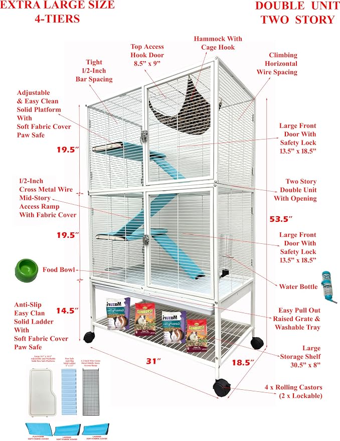 X-Large 31"x18.5"x53.5"H 4-Tiers Deluxe Two Full Story Double Unit Double Large Front Doors Tight 1/2-inch Wire Spacing for Feisty Ferret Hammock Chinchilla Cat Sugar Glider Critter Home On Wheels