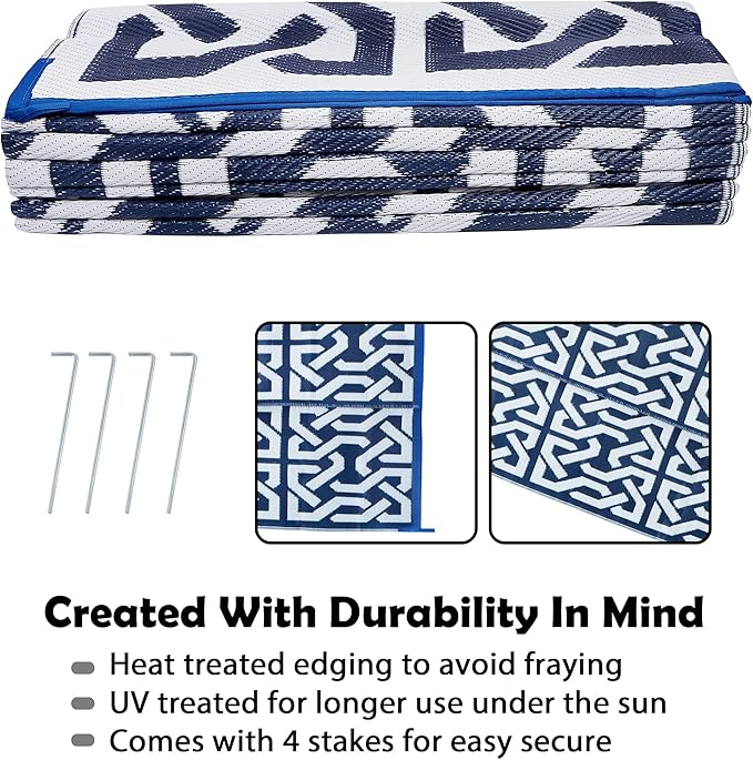 SAND MINE Reversible Mats, Plastic Straw Rug, Modern Area Rug, Large Floor Mat Rug for Outdoors, RV, Patio, Backyard, Deck, Picnic, Beach, Trailer, Camping, Dark Blue & White, 9' x 18'