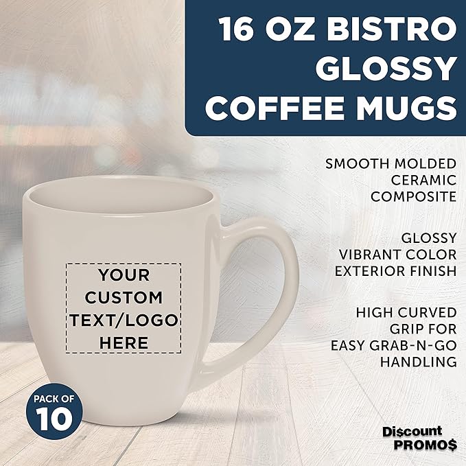 Custom Large Coffee Cups 16 oz. Set of 10, Personalized Bulk Pack - Perfect for Tea, Espresso, Cappuccino, Hot Cocoa - Grey