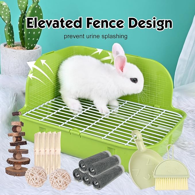 RUBYHOME Rabbit Litter Box Toilet, Plastic Square Cage Box Potty Trainer Corner Litter Bedding Box Pet Pan for Small Animals, Rabbits, Guinea Pigs, Chinchilla, Ferret, Galesaur, 11.4 Inches (Green)