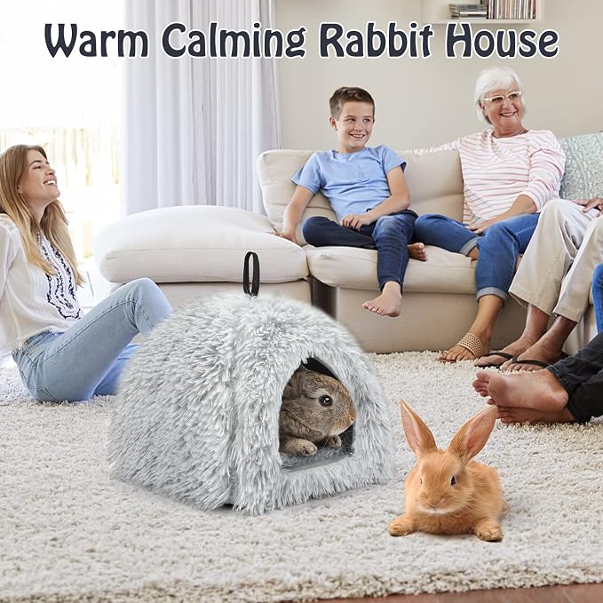 YUEPET Bunny Hideout, Cozy Rabbit Bed House for Small Pets, Grey | Long Plush Guinea Pig Cave Bed, Removable Washable Pad, Non-Slip Base, Warm Rabbit Hideaway for Guinea Pig Ferret