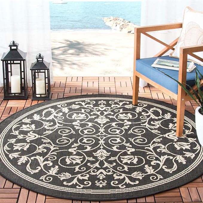 SAFAVIEH Washable Rug Outdoor Courtyard Collection - 5'3" Round, Black & Sand, Non-Shedding & Easy Cleaning, Ideal for Patio, Backyard, Mudroom (CY2098-3908)