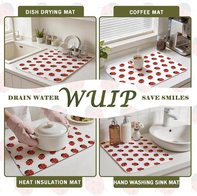 Cute Ladybug Dish Drying Mats for Kitchen Counter, Ladybug Lover Gifts, Red Ladybird Absorbent Reversible Coffee Bar Mat Drying Pad for Kitchen Decor, 12x15 Inch