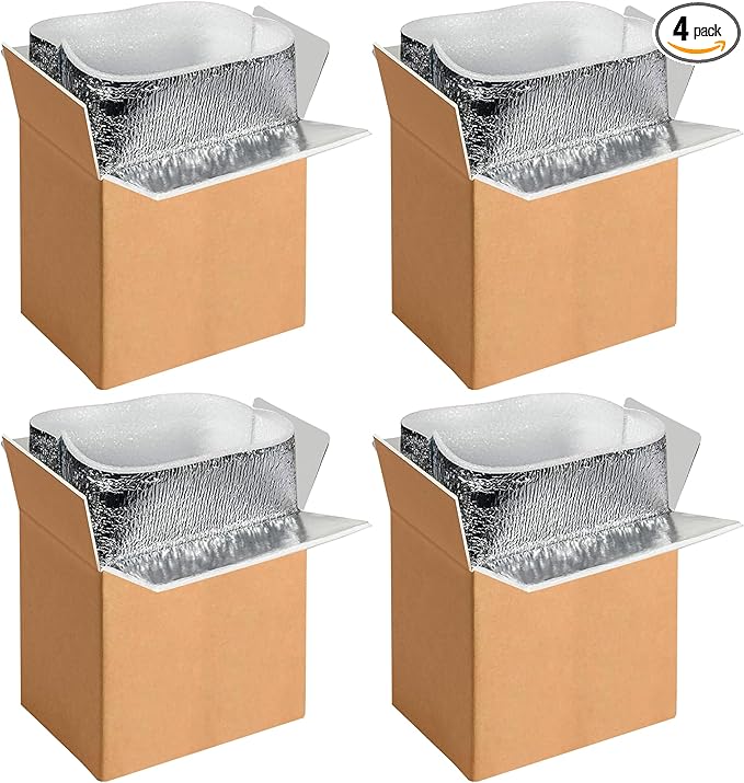Simple deluxe 4 Pack Insulated Shipping Boxes with Aluminum Foil Liner,Thermal Insulation Cold Pack Shipping Boxes for Frozen, Reusable Styrofoam Cooler Box, Small Mailing Box, 6’’X5’’X9’’