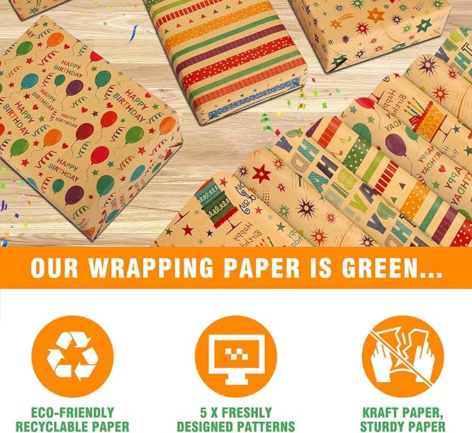 Recyclable Gift Wrap Set with Gift Tags & String - Birthday Wrap for Men, Women, Kids (6 Sheets, 28"Lx20"W per Sheet)