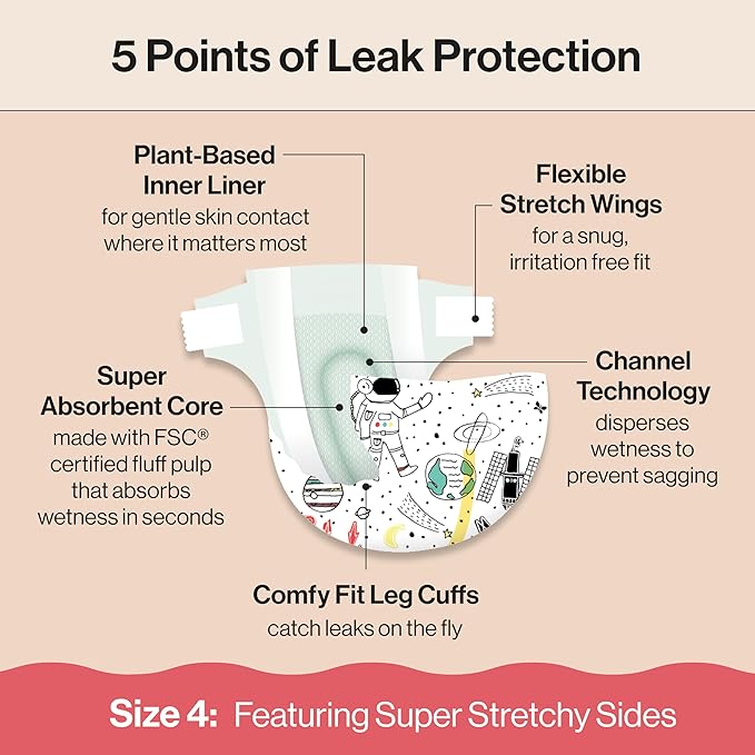 The Honest Company Clean Conscious Diapers for Delicate Skin Up to 100% Leakproof Hypoallergenic Fragrance-Free Baby Gender Neutral Prints Super Club Box Size 4 (22–37 lbs) 104