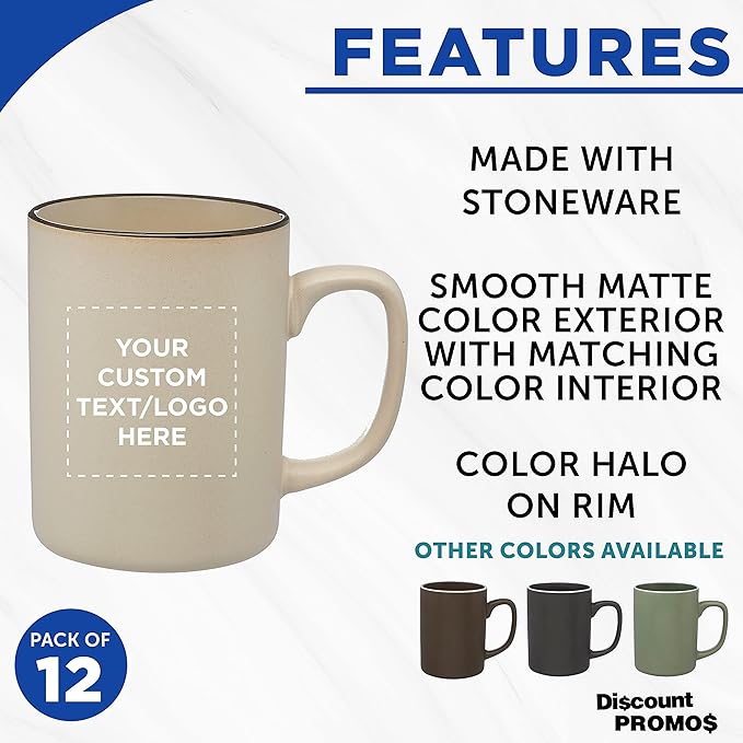 Custom El Grande Matte Ceramic Mugs 20 oz. Set of 12, Personalized Bulk Pack - Perfect for Tea, Espresso, Cappuccino, Hot Cocoa - Beige