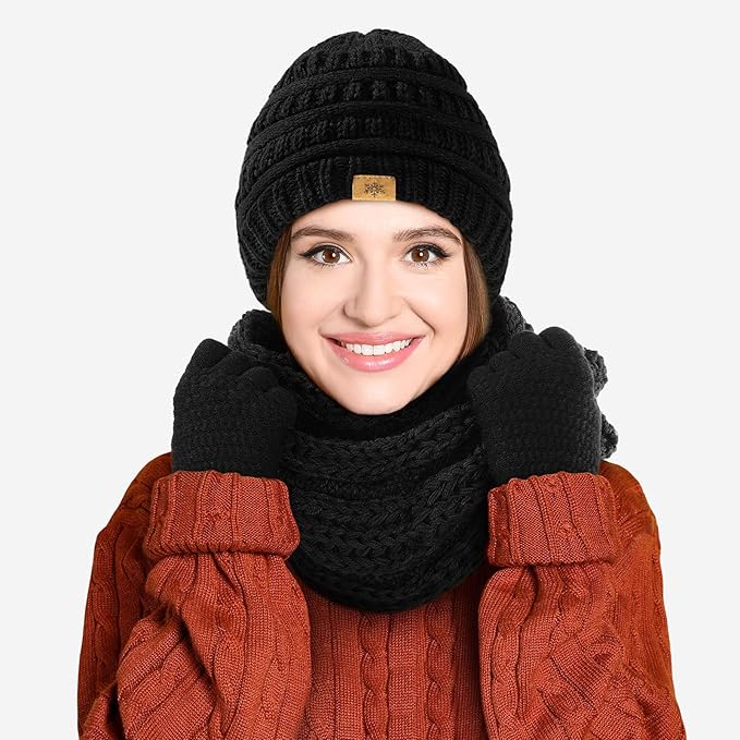 Winter Beanie Hat Scarf Gloves Set, Winter Clothes for Women, Fleece Lined Hats Touchscreen Gloves Thick Neck Warmer