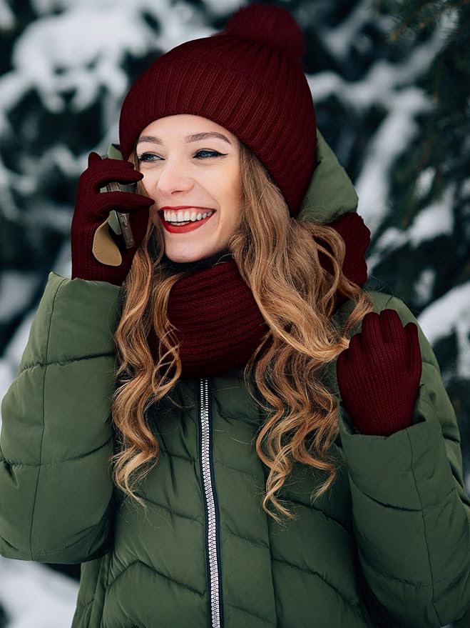 LOROME Women Winter Beanie Hat Scarf Gloves Set, Fleece Knitted Pompom Hat Warm Neck Scarf Touchscreen Gloves Winter Gift
