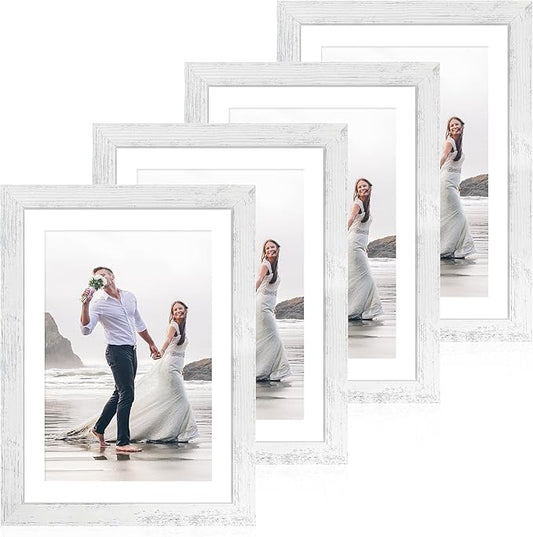 iRahmen 10x14 Picture Frame Set of 4 with Tempered Glass, Distressed White Frame Display 8x12 Picture with Mat or 10 x 14 Without Mat, Wood Rustic Photo Frames for Horizontal or Vertical Wall Mounting