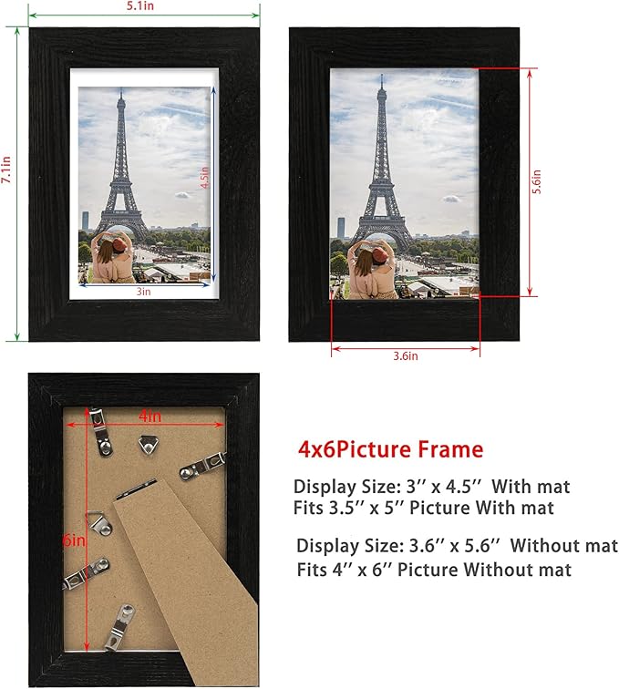 4x6 Picture Frame Set of 4, Made of Real Glass and Rustic Black Wooden Frame, 4 by 6 Photo for Wall or Tabletop - Display Picture 3.5x5 with Mat or 4x6 Without Mat