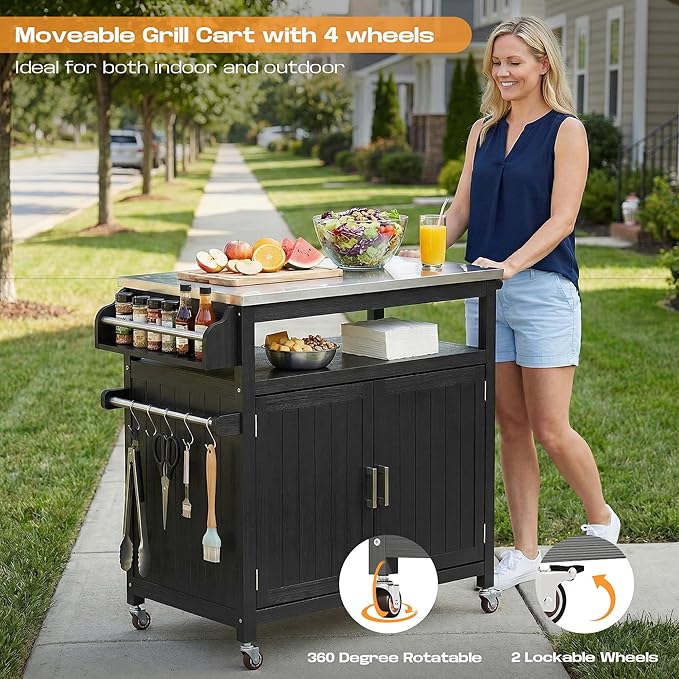 FUQARHY 43.3-Inch Outdoor Kitchen Island with Storage Cabinet and Stainless Steel Top, Solid Wood Prep Station Grill Table with Lockable Wheels for Patio, Backyard, Party (Black)