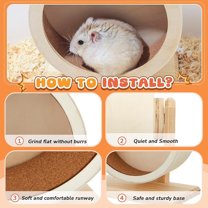 18 Pcs Hamster Cage Accessories, Silent Hamster Wheel 15 Toys Set | Maze Wood House and Water Bottle Set for Rat Mice Small Animals Habitat Decor Enrichment Starters (Harmony Wooden Style)