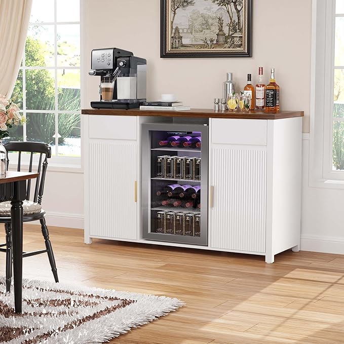 GDLF Large Coffee Bar Cabinet with Fridge Space, Mini Fridge Cabinet with Wine Storage, Buffet Sideboard Table for Home, Fluted Modern Design,53.2" L，White