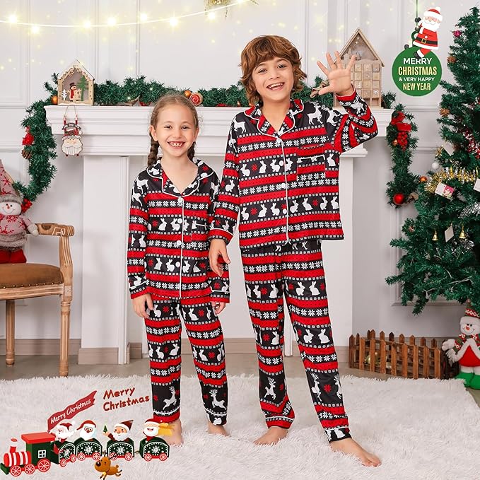 ANGELGGH Family Christmas PJs Matching Sets 2 Pcs Festival Party Pajamas Holiday Warm Sleepwear Couples Button Loungewear