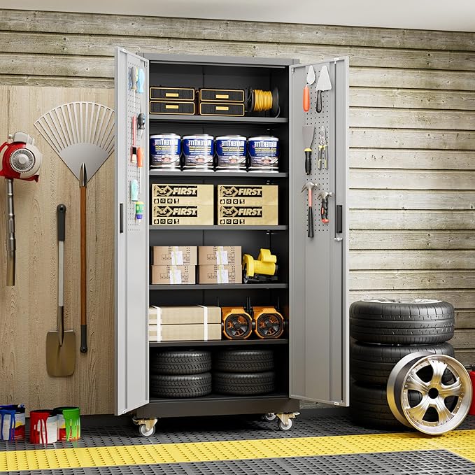 71" H Metal Garage Storage Cabinet with Wheels，Steel Storage Cabinet with Door,5 Adjustable Shelves and Pegboard for Garage Home,Required Assembly,Black &Dark Grey