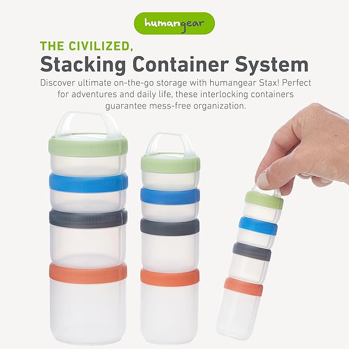 humangear STAX, Stackable Snack Containers - 4-Piece Leak-Proof Snack Travel System - FDA-Food Safe, BPA/PC/Phthalate-Free - Stackable & Click-Together Food Storage, Medium