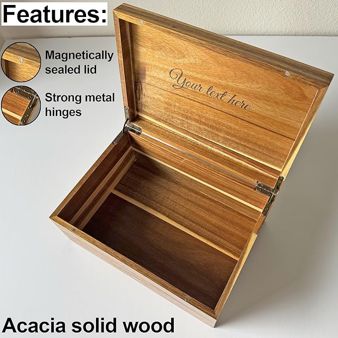 Wooden Keepsake Box Large - Personalized Memory Box, Acacia Wood Chest with Lid, Engraved Hidden Message, Decorative Memorabilia Boxes for Love Letters, Wedding Photos, Rustic Storage, 11x8x4.75 in