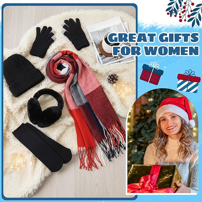 Geyoga 6 Pcs Winter Hat Scarf Gloves Set Knitted Touchscreen Gloves Plaid Scarf Earmuffs Socks Gift for Women Men