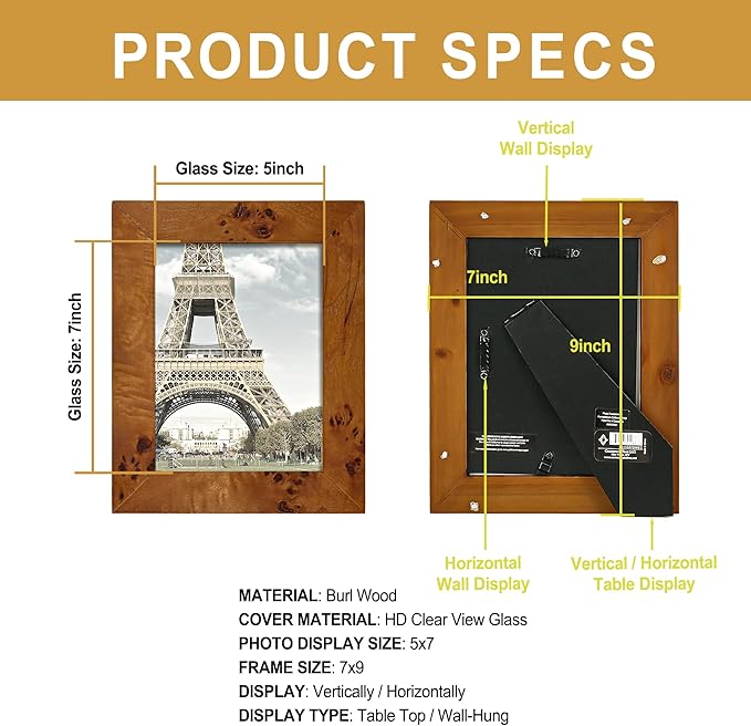 Concepts DHD, Burl Wood Picture frame, Wallhung Or Tabletop Décor In Bulk, Table Or Wall Photo Collage (5x7, 4 Pack)