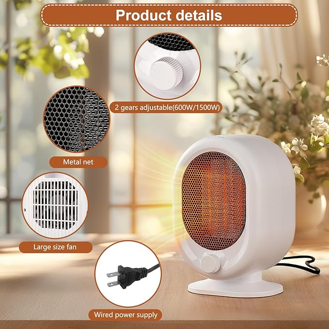 Mini Space Heater,1500W Small Desk Heater,2 Gears Adjustable,PTC Ceramic Heating,Tip-over & Overheat Protection,Fast Heating and Super Quiet White