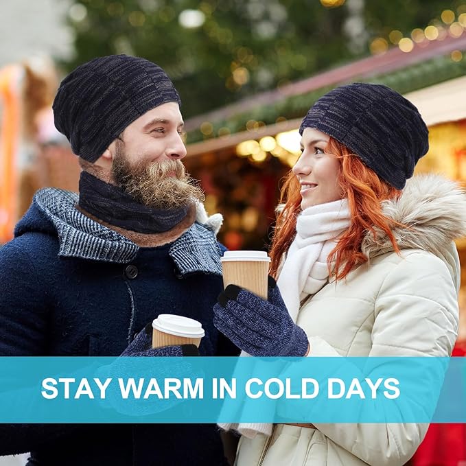 Winter Fleece Lined Beanie Hat Scarf Sock Touchscreen Gloves Set for Men Women