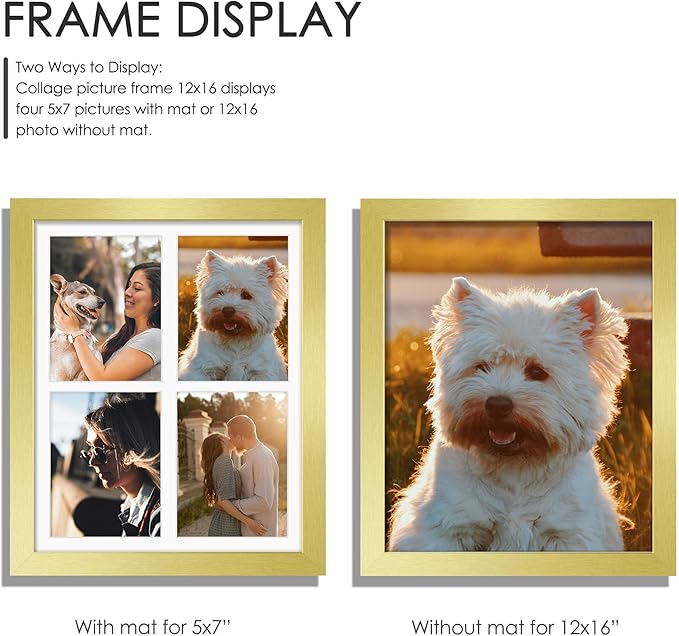 12x16 Picture Frame 5x7 Collage Picture Frame Displays Four 5x7 inch Photos or 12x16 (Without Mat) for Available Horizontal Wall Mounting Display and Vertical Gold