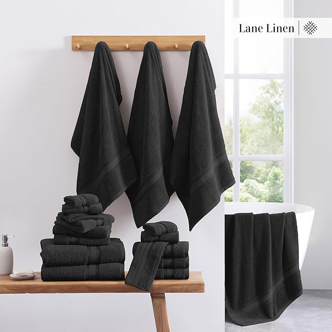 LANE LINEN 12 Pack Towels for Bathroom – 100% Ring-Spun Cotton, Zero Twist, 4 Bath, 4 Hand Towel & 4 Wash Cloths, Highly Absorbent, Remains Soft After Wash, Hotel & Spa Quality – Black