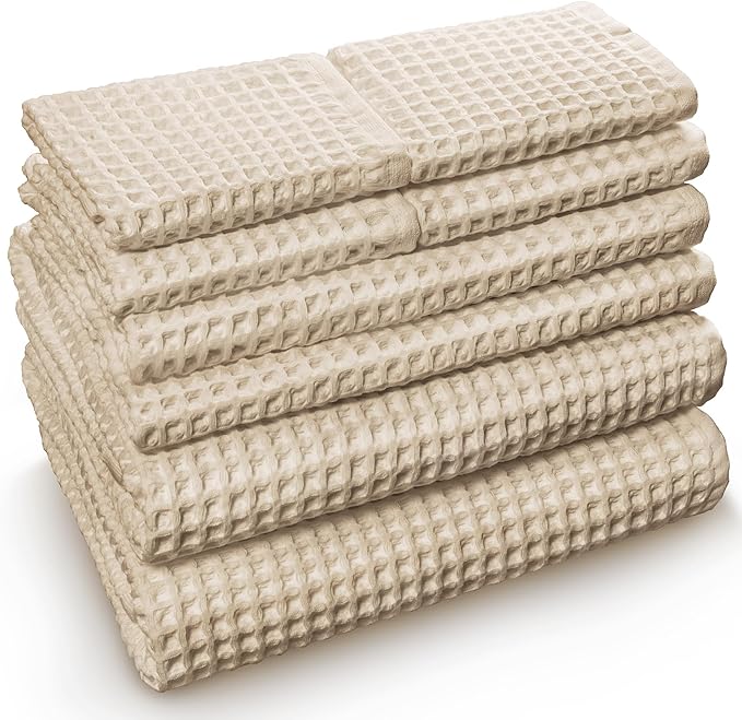 Softerry European Waffle Weave Bath Towel Set - 100% Organic Cotton - Quick Dry Lint Free Thin and Absorbent - Fade Resistant - Eco-Friendly (Set of 8, Natural)