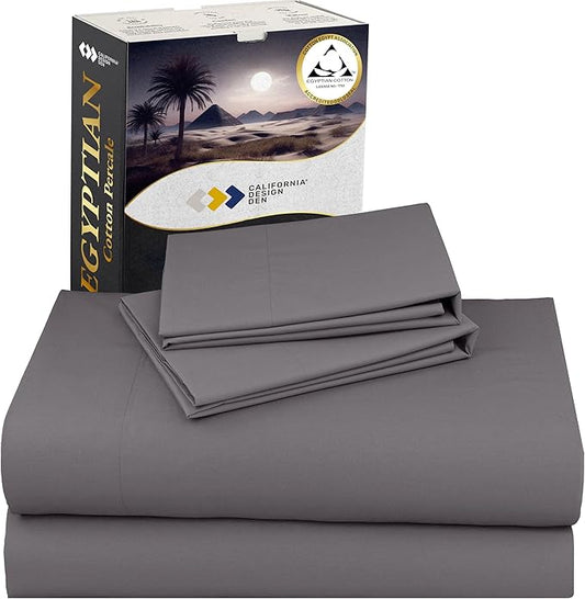 California Design Den California King Sheets Set - Certified 100% Egyptian Cotton, Lightweight Percale Cooling Sheet Set with Deep Pockets, Crisp & Durable Luxury Bedding Set - Grey