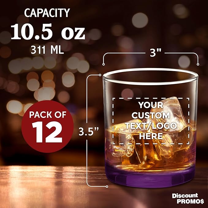 Custom Lexington Rocks Whiskey Glass 10.5 oz, Set of 12, Personalized Bulk Pack - Perfect for Scotch, Bourbon, Whiskey, Cocktail - Purple