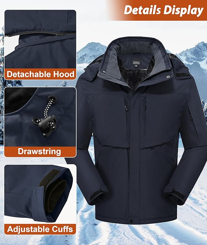 Mens Winter Snow Jacket Waterproof Ski Jackets Snowboard Rain Warm Coat Insulated Hood Fleece Lined