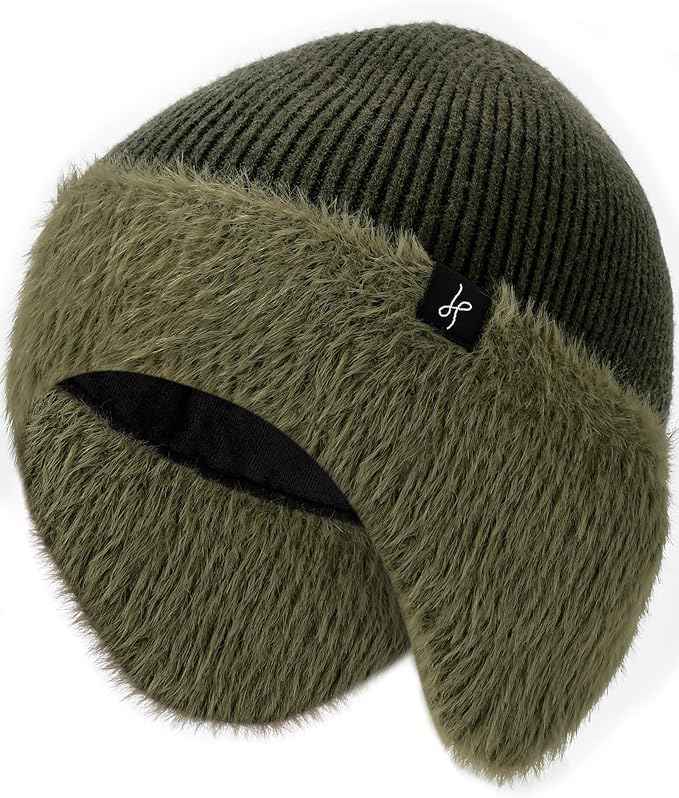 Winter Fleece-Lined Beanie with Earflaps, Warm Windproof Unisex Beanie Hat for Skiing, Hiking & Outdoor Winter Sports