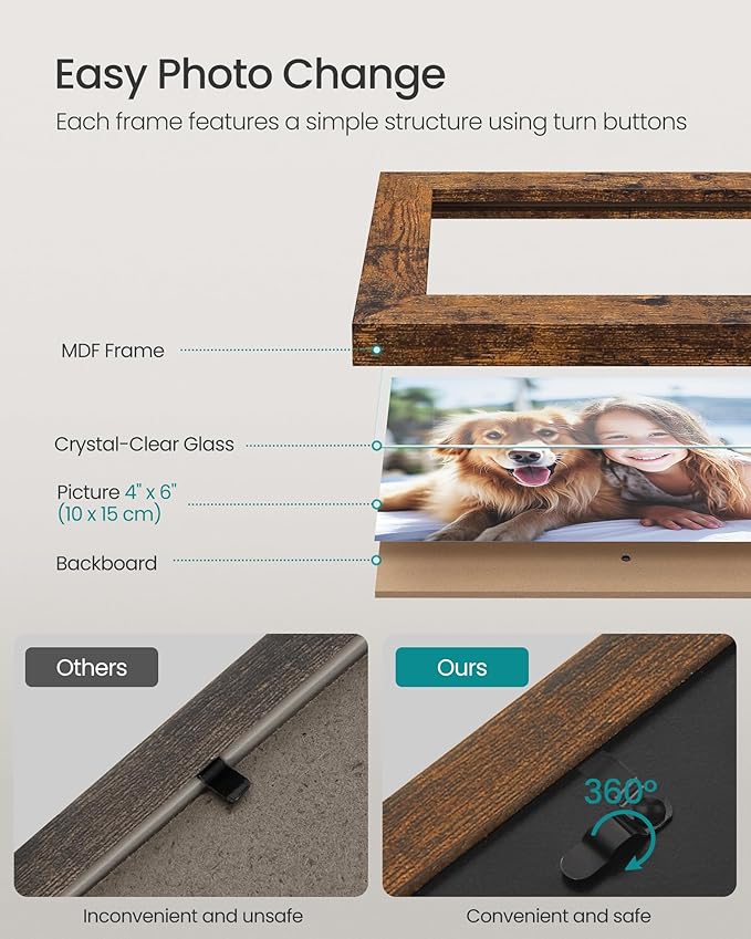 SONGMICS 4x6 Collage Picture Frames, Family Photo Collage Frame Set of 4 for Wall Decor, Glass Front, Wall Hanging or Tabletop, Christmas Gift, Ash Black and Rustic Brown URPF025K01