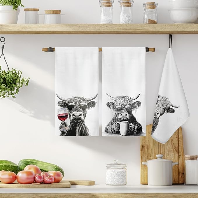 Funny Highland Cow Kitchen Towels Set of 3, Funny Gifts for Wine Beer Coffee Lovers Dish Tea Towels for Kitchen Bar Cart Decor, Highland Cow Gifts Decorative Hand Towels, 16x24 Inch