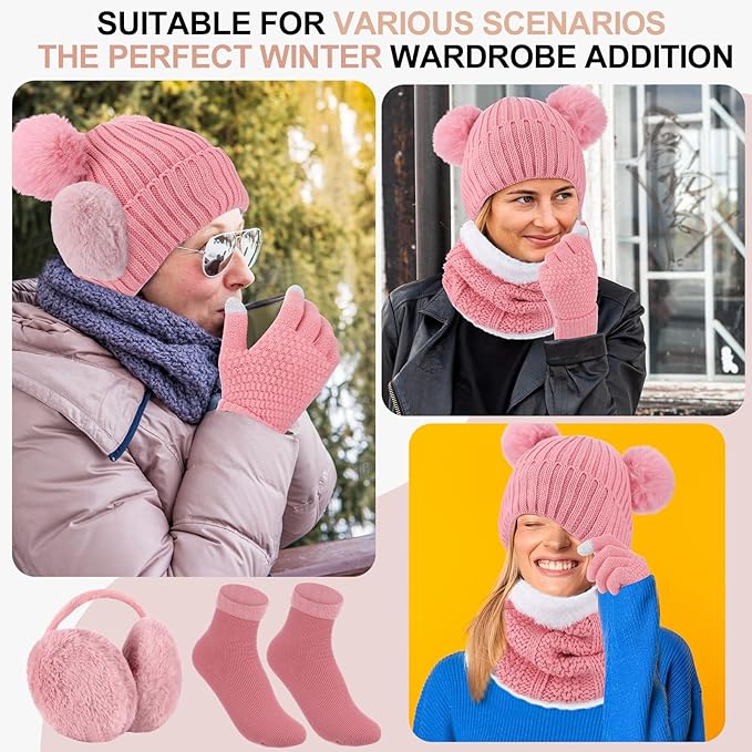 SATINIOR 5 Pcs Winter Hat Scarf Gloves Set Fleece Warm Lined Knit Beanie Hat Touch Screen Earmuff Gloves Warmer for Women(Pink,Cute Style)