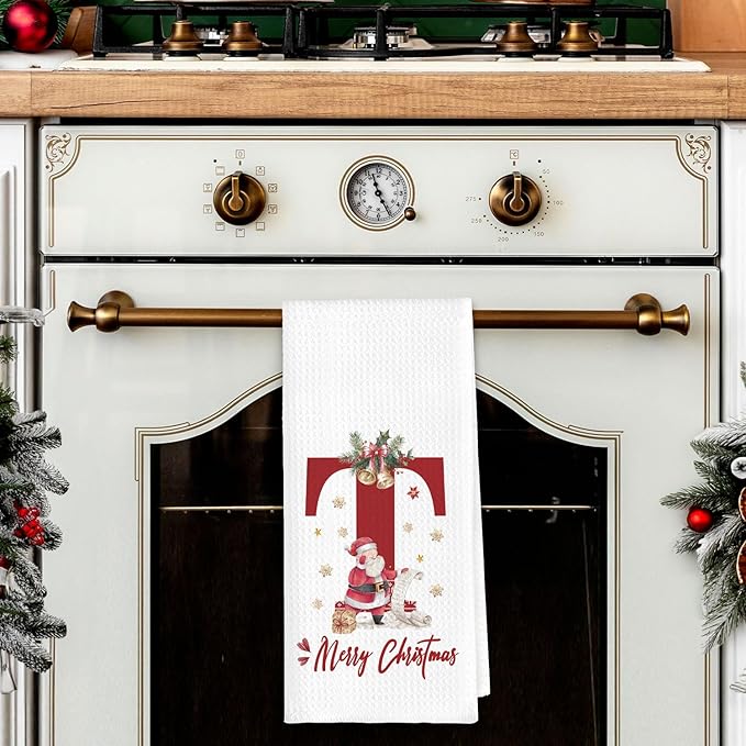 Christmas Initial Letter T Kitchen Towels Personalized Gifts Dish Towels Hand Towels for Kitchen Decorations, Christmas Birthday Gifts for Women, 24x16 Inch