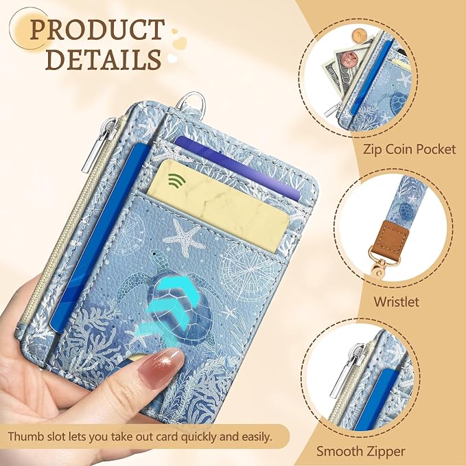 Kelvoris Credit Card Holder Small Wallet Women, Slim RFID, Turtle | Keychain, Zipper Coin Pocket, Front Pocket Thin Travel Card Case, Minimalist, 6 Card Slots, 1 ID Window, Ladies Gifts Woman