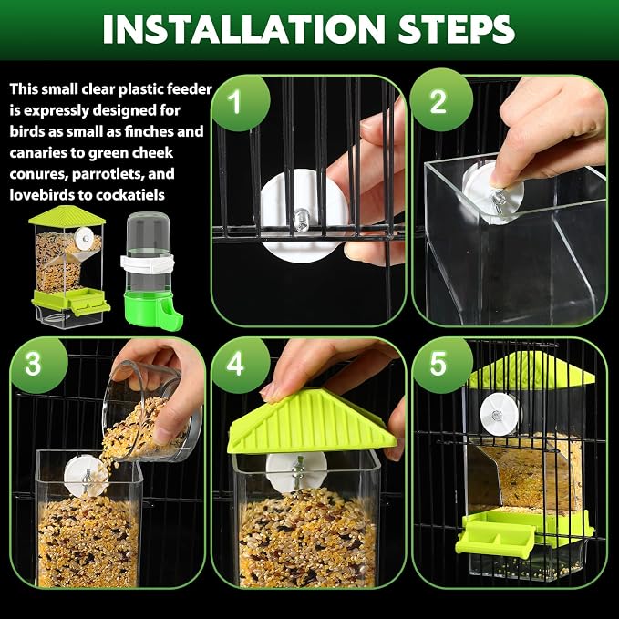 Yaomiao 4 Pcs No Mess Small Bird Feeders Automatic Parakeet Water Dispenser Clear Quail Feeder and Watered Cage Accessories for Small and Medium Parakeet Cockatiel Canary(Assorted,Green)