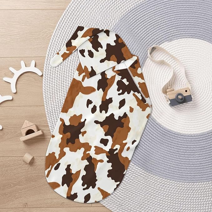 Newborn Swaddle Blankets and Hat Set Soft Cotton Baby Swaddle Wrap Warm Infant Receiving Blanket Cow Print-8
