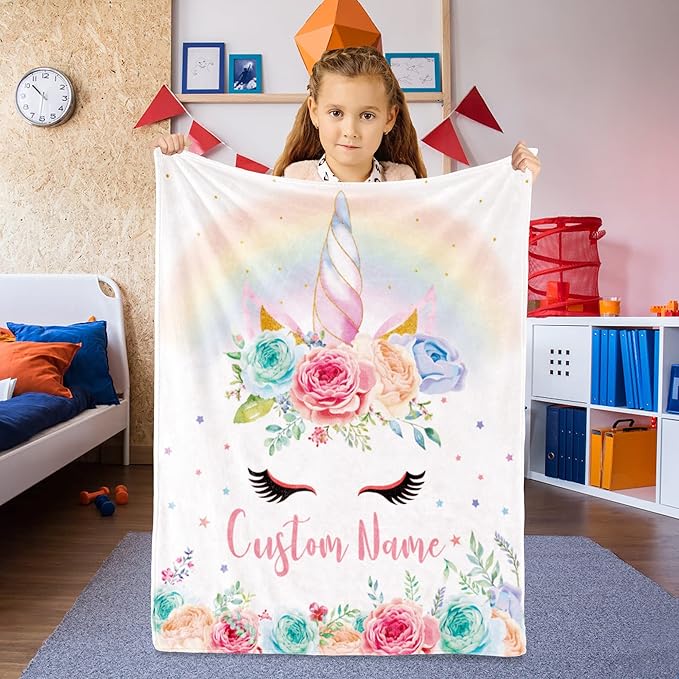 Personalized Unicorn Blanket with Name for Girl, Custom Name Blanket for Teen, Soft Flannel Pink Unicorn Toddler Blanket Customized Gift for Birthday 50''x60''