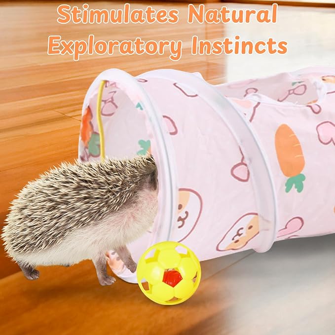 Toys for Hedgehogs Hideout Tunnel with Bell Ball, Hedgehog Hideout with Toys, Hedgehog Tunnel and Bell Balls Toy, Small Animal Hideouts Tubes Toy, Hedgehogs Accessories (Pink, 21.65 * 6.29in)
