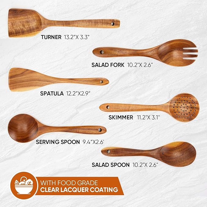 EZuncle 6 Piece Wooden Cooking Spoon Set - Ideal For Non-Stick Pans, Heat Resistant Solid Wood, Smooth Teak Cutlery For a Comfortable grip - Lightweight and Durable - Easy to Clean(6 PCS)