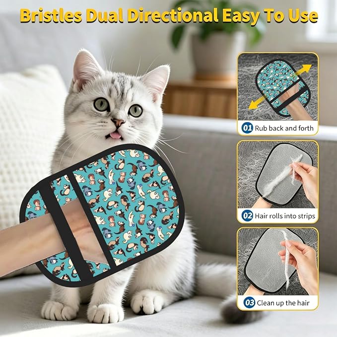 Cute Ferret Pet Hair Removal Gloves, Reusable Dog Cat Grooming Mitt | Electrostatic Brush Attracts Pet Hair From Furniture, Carpets, Pet Beds & Clothes. Hanging Loop For Easy Storage