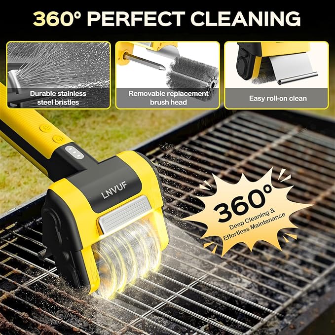 Electric Grill Brush, Grill Cleaner with LED Light, with 800 RPM Motor, 304 Removable Stainless Steel Brush Head, Cordless & Type-C Rechargeable for BBQ, Heavy Duty Grill Cleaning Tool (Black Yellow)