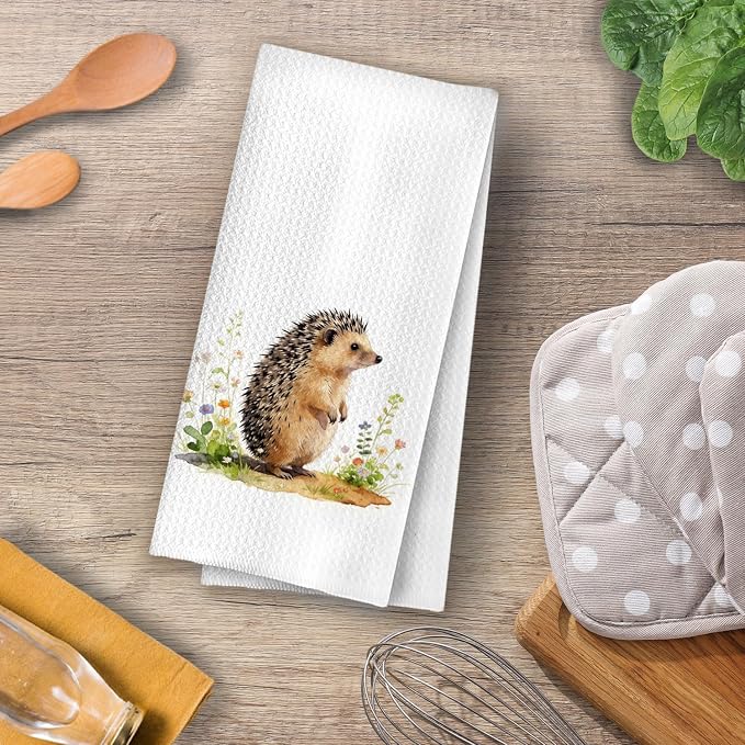 Hedgehog Gifts Kitchen Towels - Cute Wild Animal Botanical Decorative Waffle Dish Towels, Hedgehog Gifts for Women Hand Towel, Farmhouse Floral Tea Towe, 16x24 Inch