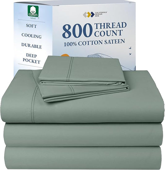 California Design Den King Split Sheets for Adjustable Bed Set - Luxury Hotel 800 Thread Count Sateen, Natural 100% Cotton Bedding Sheets & Pillowcases, Deep Pockets Bedding Set - Sage Green
