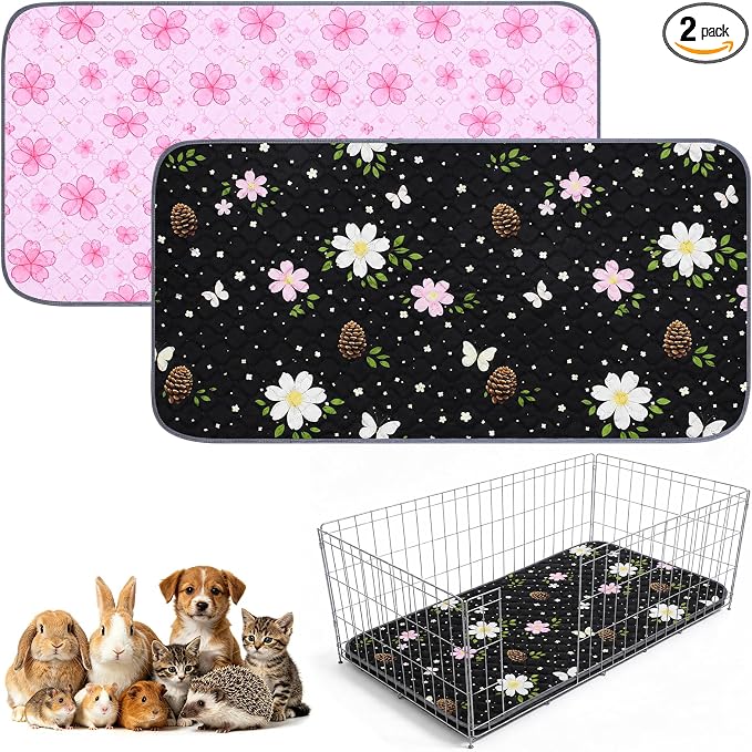 Guinea Pig Cage Liner 2 Pack Super Absorbent Washable Guinea Pig Pee Pads Waterproof Reusable Anti Slip Bedding Pee Pad Mat for Rabbit Bunny Rat Cat (Flowers, 48" x 24" (2 Pack))